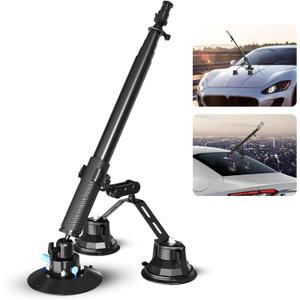 Triple Strong Suction Cup Camera Car Mount for Insta360, with 2in1 Extension Pole/Selfie Stick/Action Camera Adapter Compatible, Compatible with GoPro 11,10,9,8,7 (Black)