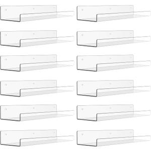 upsimples 12 Pack Acrylic Shelves for Wall Storage, 15" Floating Bookshelves for Kids, Display Shelf Organizer for Bathroom, Bedroom, Living Room Decor, Kitchen, Clear