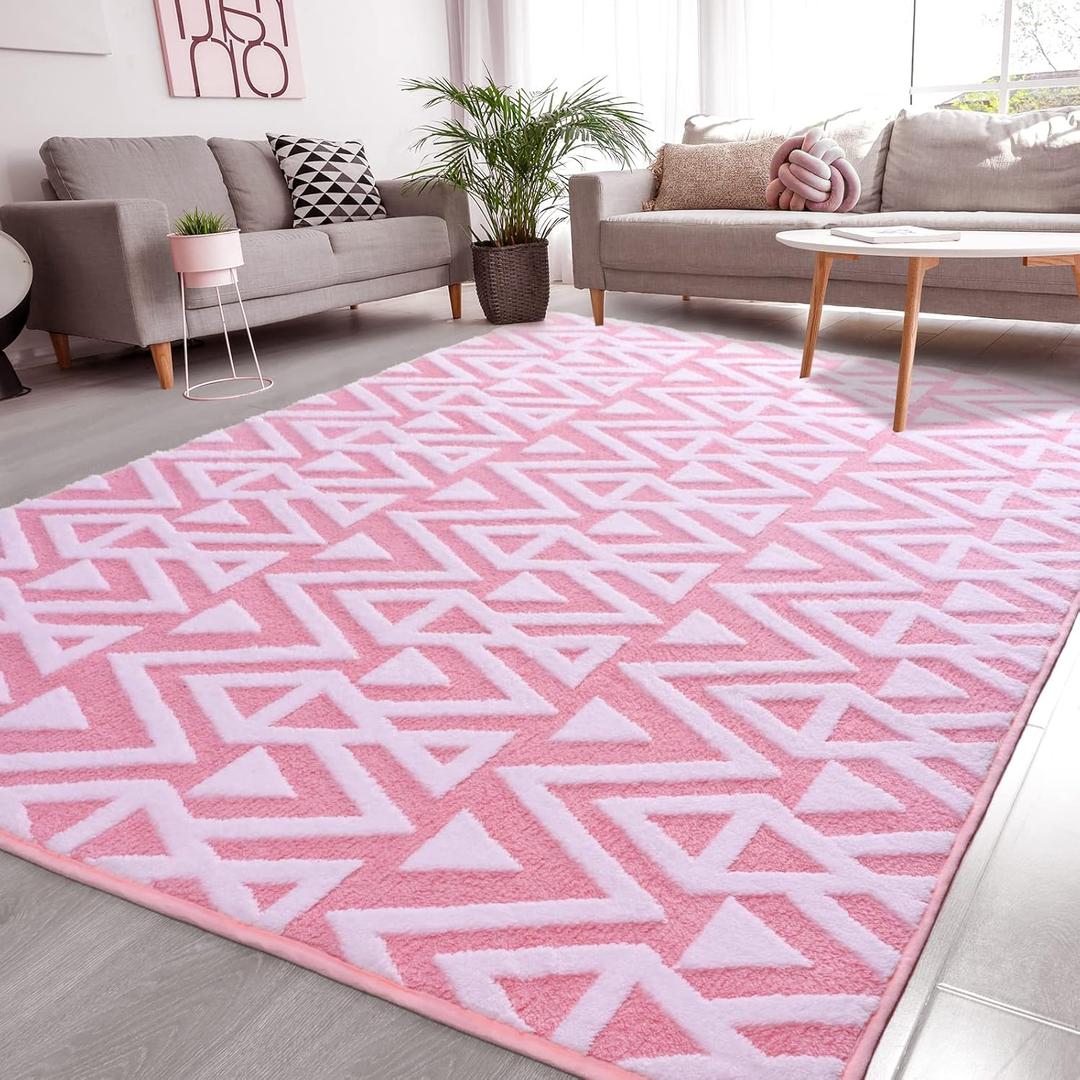 Ompaa Ultra Soft Shaggy Rugs Memory Foam Bedroom Carpet, Pink 5 x 8 Feet, Plush Geometric Textured Area Rugs for Living Room Couch Dorm Bedside Kids Girls Teens Room Nursery Decor Floor Mat