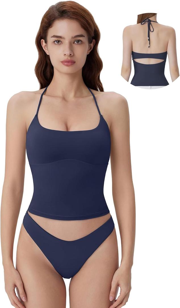 SUUKSESS Halter Tops for Women Tank Tops with Built in Bras Double Lined Open Back Y2K Going Out Camisole (Blue, S)
