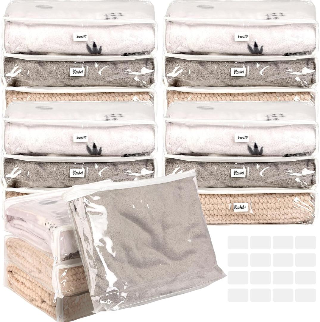 16 Pieces Clear Zippered Storage Bags Plastic Blankets Storage Bags with Zipper and Label Clothing Organizer for Sweater Bed Sheet Quilt Clothes Pillow (13.8 x 11.4 x 3.2 Inch)
