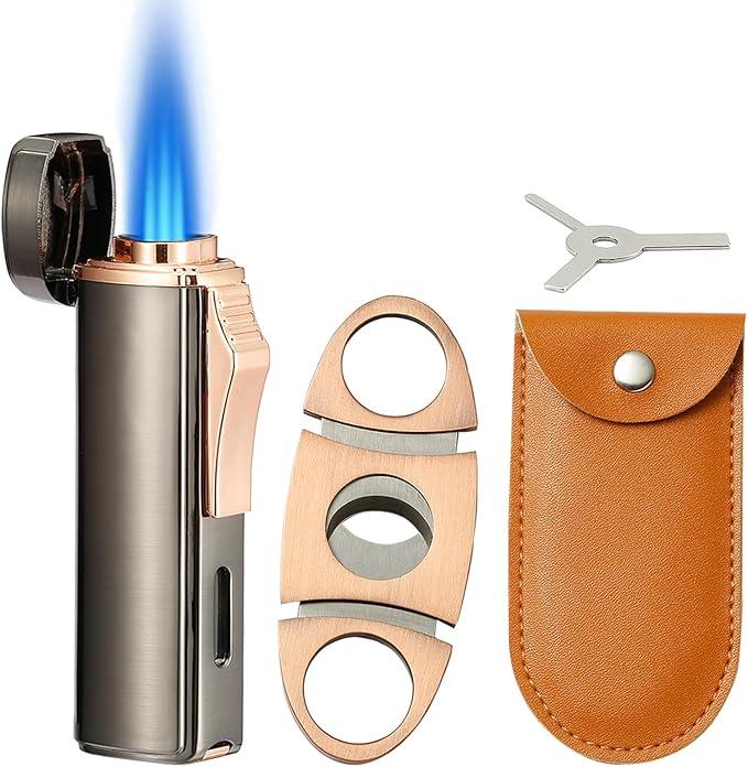 420 Carbon Steel Cutter and Torch Lighter Set, Built-in Punch, Triple Jet Flame Butane Lighter, Refillable Windproof Gas Lighter. Grey. (Sold Without Gas)