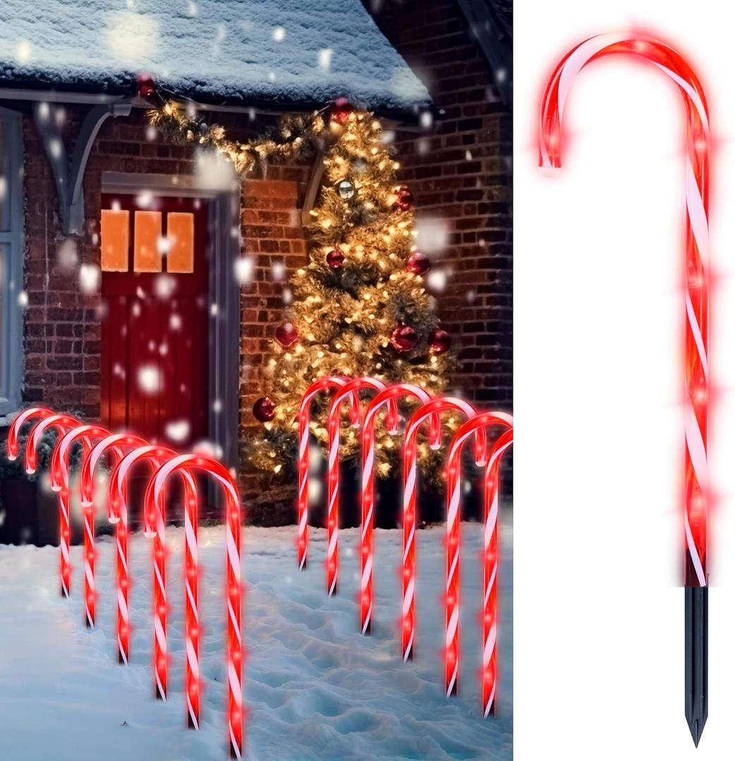 Joiedomi 12 Pcs Christmas Candy Cane Pathway Markers Lights, 17 Stakes Lights with Red, Waterproof Outdoor Decorations for Holiday Xmas Indoor,Yard, Walkway, Lawn, Garden Decor