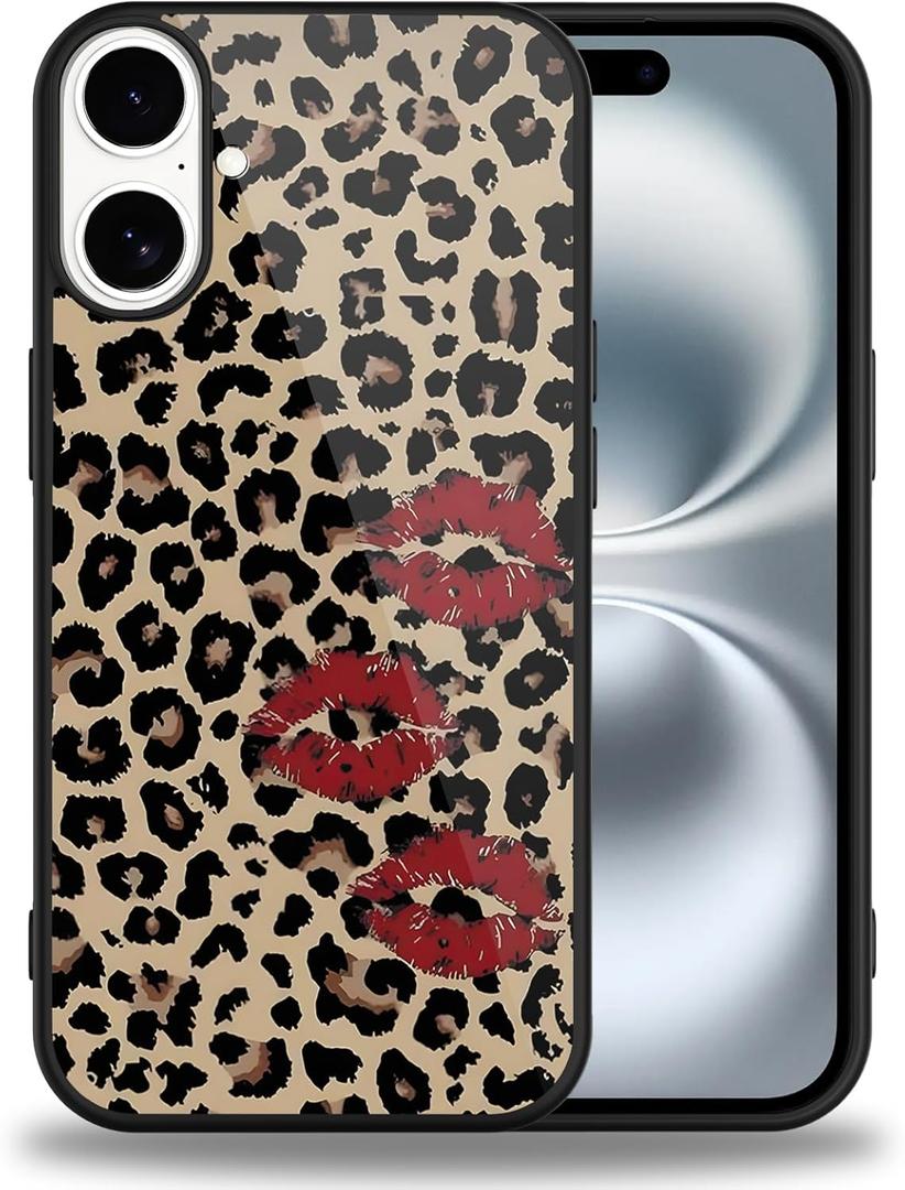 Cheetah Print Phone Case for iPhone 16 Plus 6.7'' Lip Print & Leopard Print Phone Case (Military Grade Drop Protection) Slim Shockproof Phone Cover for Girls Women