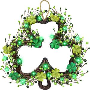 St Patricks Day Decorations, Shamrocks Wreath for Front Door, 20 Green Lights Timer Battery Operated 18 Inch 10 Shamrocks 162 Berries Battery Operated Spring Artificial Wreath St. Patrick's Day Decor
