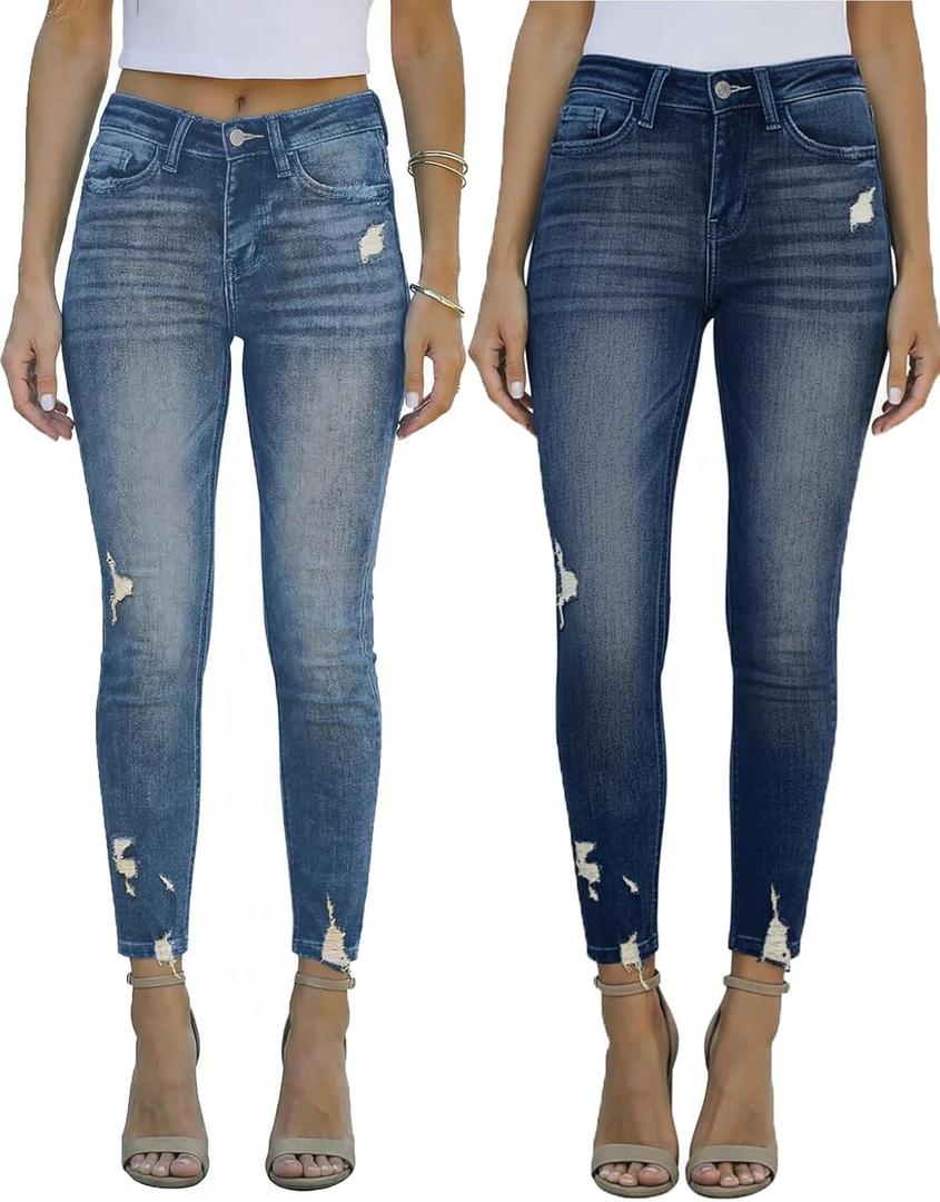 Women's Mid Waisted Jeans Trendy Distressed Stretch Ripped Butt Lift Denim Pants (Pack of 2) (Large, Blue & Dark Blue)