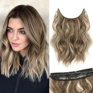Halo Hair Extensions 12 Inch Invisible Wire Hair Extensions Adjustable Long Wavy Hairpiece Synthetic Upgrade 4 Secure Clips in Hairpieces 12 Inch,Ash Brown Mix Medium Blonde
