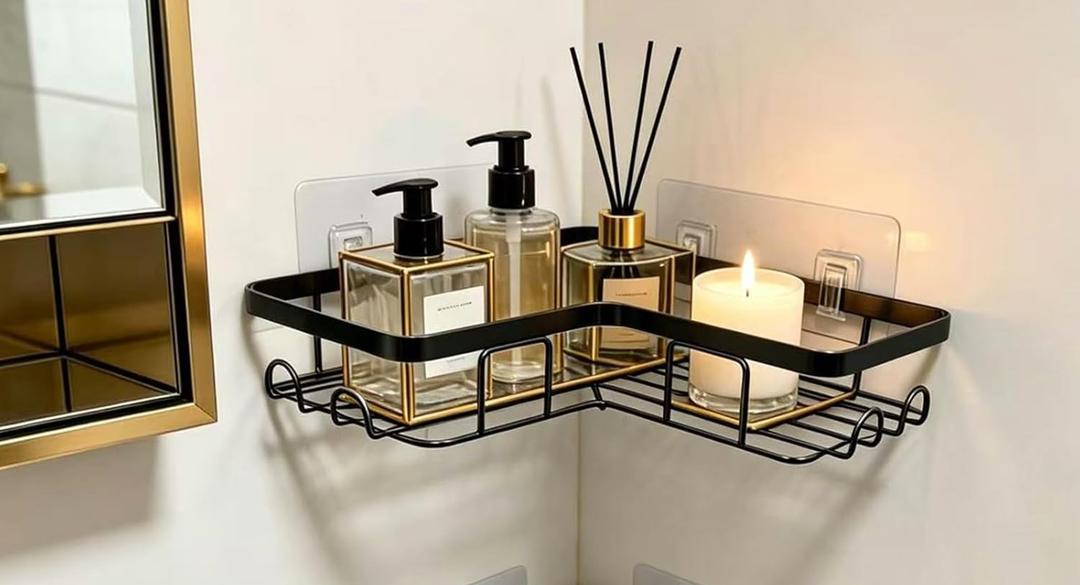 Shower Caddy 1 Pack, No Drilling Adhesive Bathroom Organizer Shelf Rack, Corner Shower Shelf with Hooks for Home Decor & Storage
