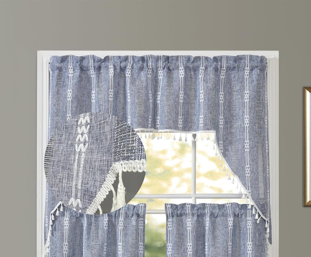 GOHD Country Road Boho Straight Valanc Farmhouse Linen Kitchen Curtain Valance Vintage Chic Textured Tassel Valances (Swag Valance,Blue) (51"W x 35"L (Pack of 1))