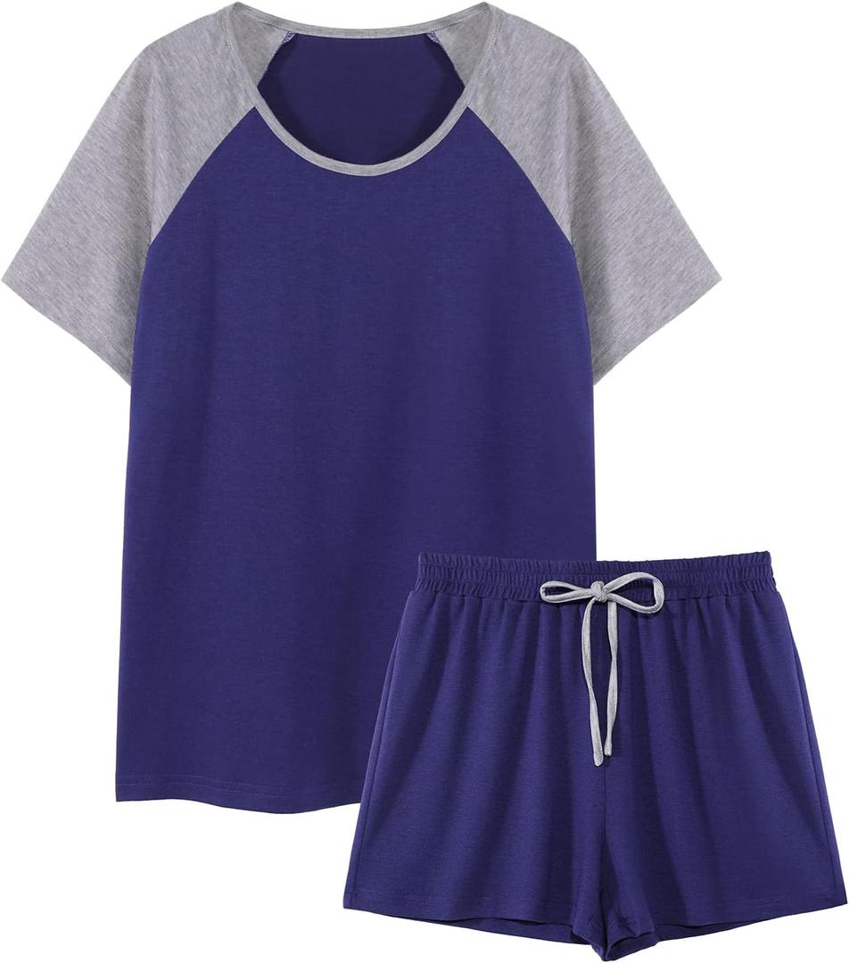 Hilinker Womens 2 Piece Pajama Set Short Sleeve Top with Shorts Sleepwear Summer Lounge Sets Grey Blue Medium (Blue, M)
