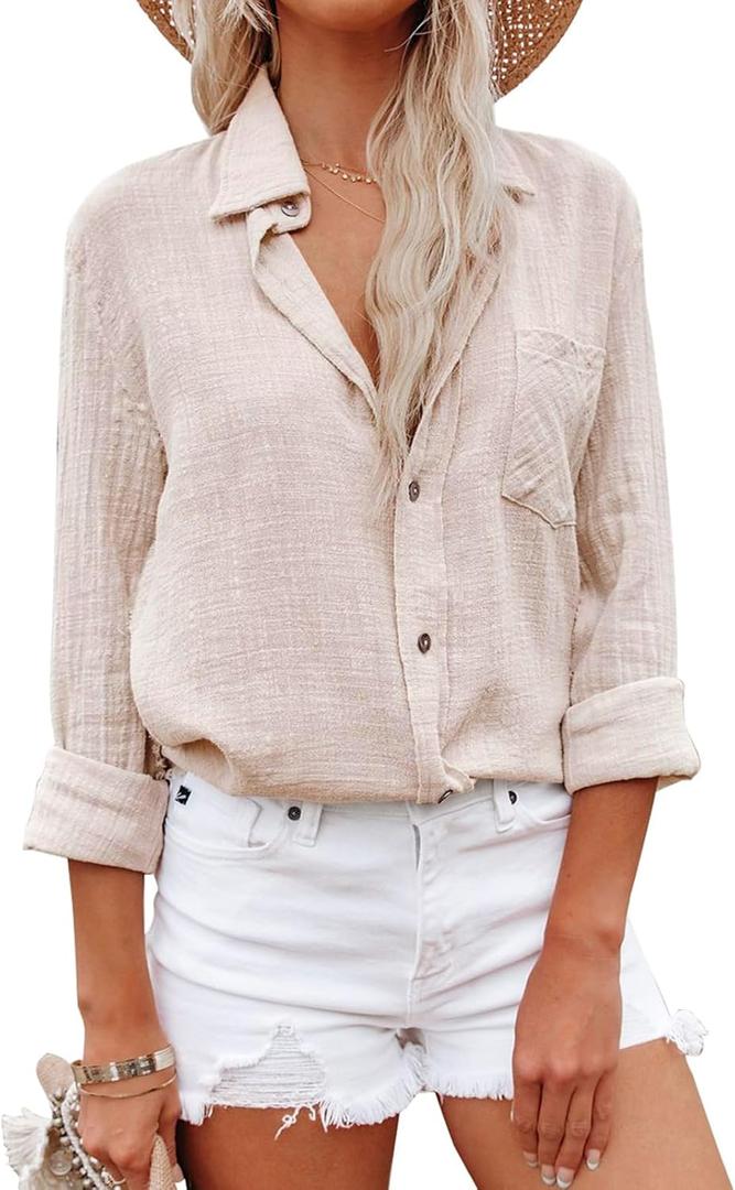 Womens Button Down Shirts Cotton Dress Shirt Long Sleeve Oversized Boyfriend Solid Tunic Tops with Pockets (Small, Apricot) Womens Button Down Shirts Cotton Dress Shirt Long Sleeve Oversized Boyfriend Solid Tunic Tops with Pockets (Small, Apricot)