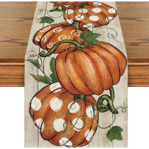 Artoid Mode Polka Dot Pumpkins Vine Wood 210 GSM Fall Table Runner, Seasonal Autumn Kitchen Dining Table Decoration for Home Party Decor 13x36 Inch (Light-colored Wood)