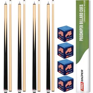 Prosniper Premium Pool Sticks Set of 4 | 58-Inch, 19-Oz Canadian Maple Pool Cue with Low-Deflection Shaft & 4 Extra Chalks | Pro-Grade Billiard Cue for Home & Bar Play