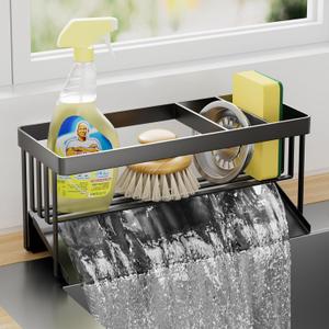 Kitchen Sink Caddy Organzier with Sponge Holder and Removable Drip Tray for Kitchen Sink, 304 Stainless Steel Organize for Sponge Soap Dish Brush Storage Accessories(Black)