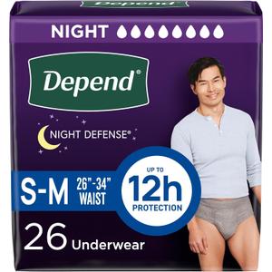 Depend Night Defense Adult Diapers, Incontinence Underwear for Men, Disposable, Overnight, Small/Medium, Grey, 26 Count, Packaging May Vary