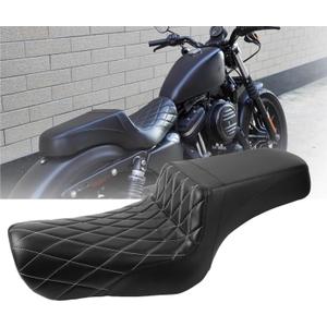 Two-Up Seat, Driver+Passenger Seat Cushion, Stepped Type, For Harley-Davidson Sportster Iron XL883 XL1200 (2004-2006)&(2010-2022) /Half Diamond White line/Suitable for 2.0-3.8 GAL