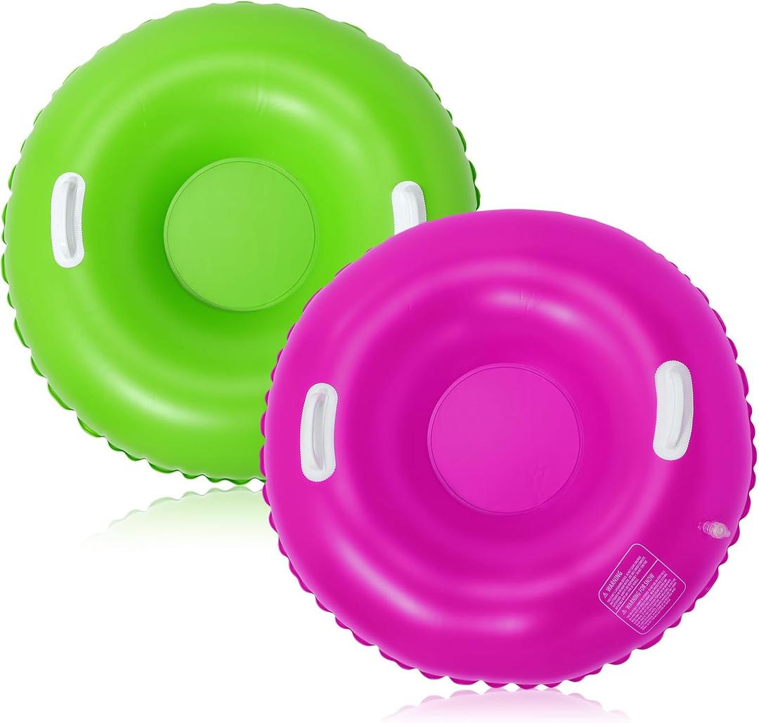 Shappy 2 Pack 36'' 40'' 47'' Snow Tube Inflatable Snow Sleds Heavy Duty Sleds Adults for Winter Outdoor Sports Toboggan with Handles Thickened Bottom (Purple, Green)