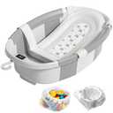 Collapsible Baby Bathtub with Soft Cushion and Thermometer, Newborn to Toddler Tub 0-36 Months with Toy Storage Mesh Bag, Portable Travel Bath for Infants (Grey)