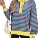 Caracilia Women's Oversized Sweatshirts Long Sleeve Henley Button Down Pullover Hoodies Tunic Tops 2025 Trendy Fall Clothes Striped Pink XXL (XXL)