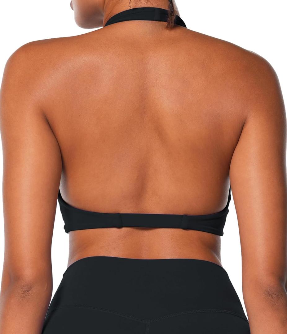 Sunzel Women's Halter Neck Sports Bra, Twist Front Yoga Crop Top with Removable Pads, Open Back V Neck Bra for Gym Workout (X-Small, Black)