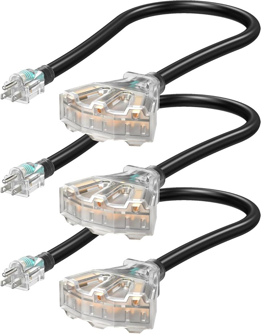 DEWENWILS 2 FT 12/3 Gauge Indoor Tri-Tap Extension Cord Splitter, STW 15 Amp Contractor Grade Heavy Duty Power Cable with LED Lighted Plug, UL Listed, Pack of 3 for Christmas (Black)