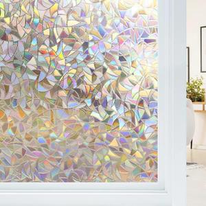 Haton Window Privacy Film, Stained Glass Rainbow Film Decorative Window Clings, Static Cling Sun Blocking Stickers Decals Coverings Tint for Home Heat Control, Non-Adhesive 17.5" x 118.1" (Clear)
