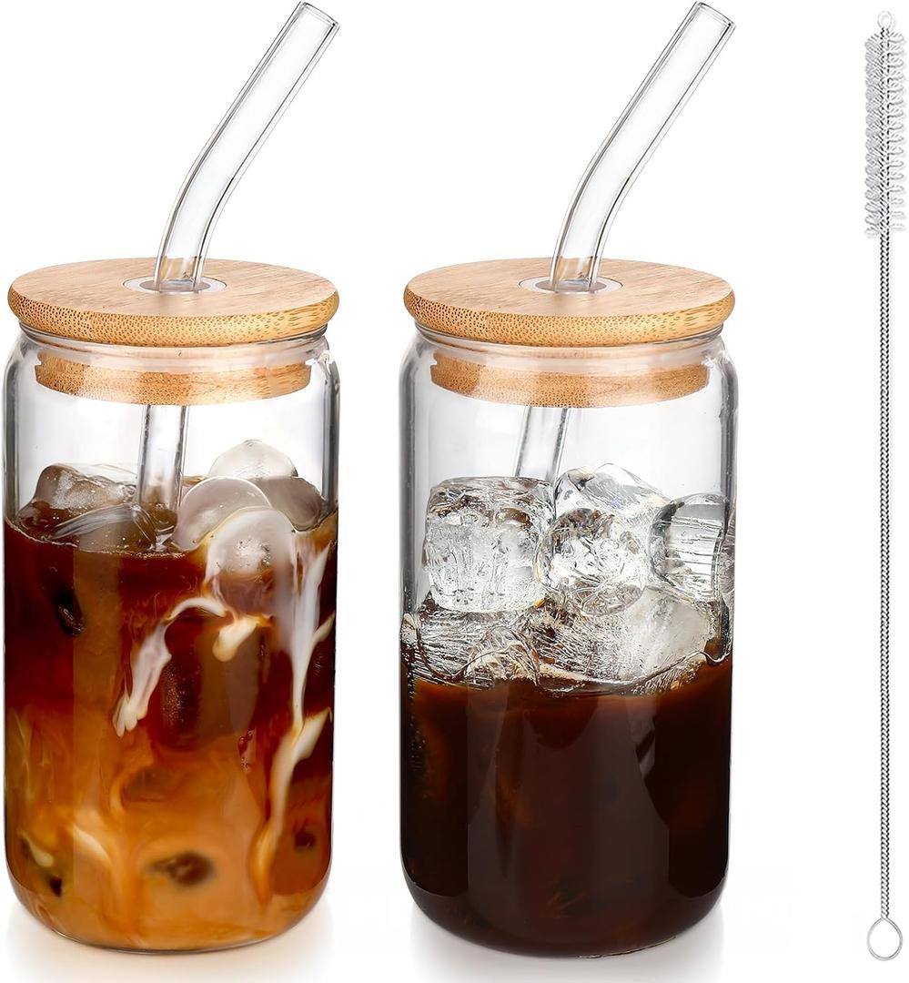 DWTS DANWEITESI Iced Coffee Cups with Lids 2 pcs,16 oz Glass Cups with Lids and Straws as Coffee Bar Accessories,Beer Drinking Glasses,Reusable Glass Tumbler,Cute Coffee Cups for Coffee, Juice, Gifts