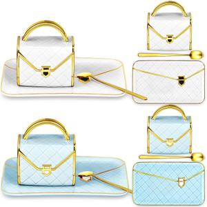 Zubebe 2 Sets Coffee Mug Elegant Handbag Shaped Cup Mother's Day Modern Ceramic Purse Mug with Spoon and Saucer, 10oz Cute Creative Tea Cup for Woman Girls Gift (White,Blue)