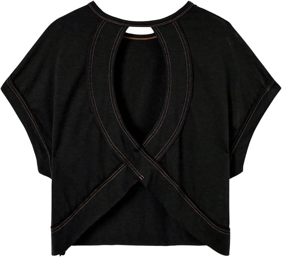 SOLY HUX Women Open Back Tops Workout Backless Tee Casual Athletic Shirts Short Sleeve Oversized Gym T Shirt (Black, XL)