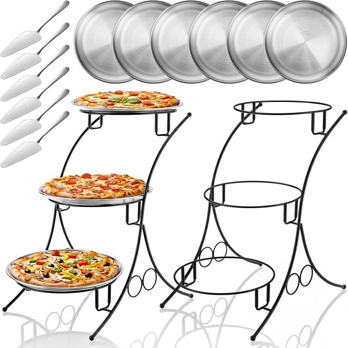 LemonRoad 14 Pcs Serving Stand with 9" Stainless Steel Round Plates and Cake Pie Servers Large Tiered Tray Stand Pizza Pan Riser Dessert Display Rack for Home Restaurant Party Supplies (2 Tiered)