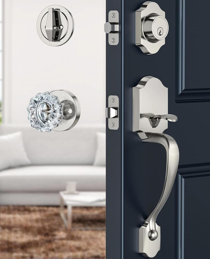 Brushed Nickel Front Door Handle and Deadbolt Set, Front Door Lock Set with Crystal Glass Door Knob, Exterior Door Lock Set with Single Cylinder, Reversible for Right & Left, Satin Nickel