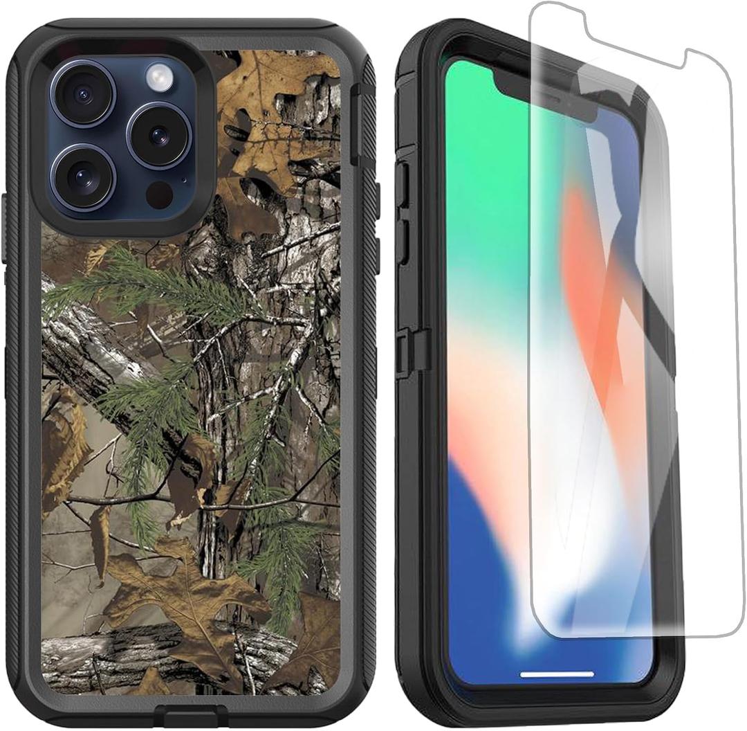 Compatible for iPhone 15 Pro Case With Screen Protector, Heavy Duty Camo for Men Boys [Military Grade Protection] Shockproof Protective 6.1Inch 2023, Camouflage (iPhone 15 Pro 6.1IN)