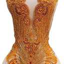 100% Handmade Rhinestones Applique on White net sew on Beads Crystal Patches Accessory for Dress Clothes (Gold Stone Brown net)