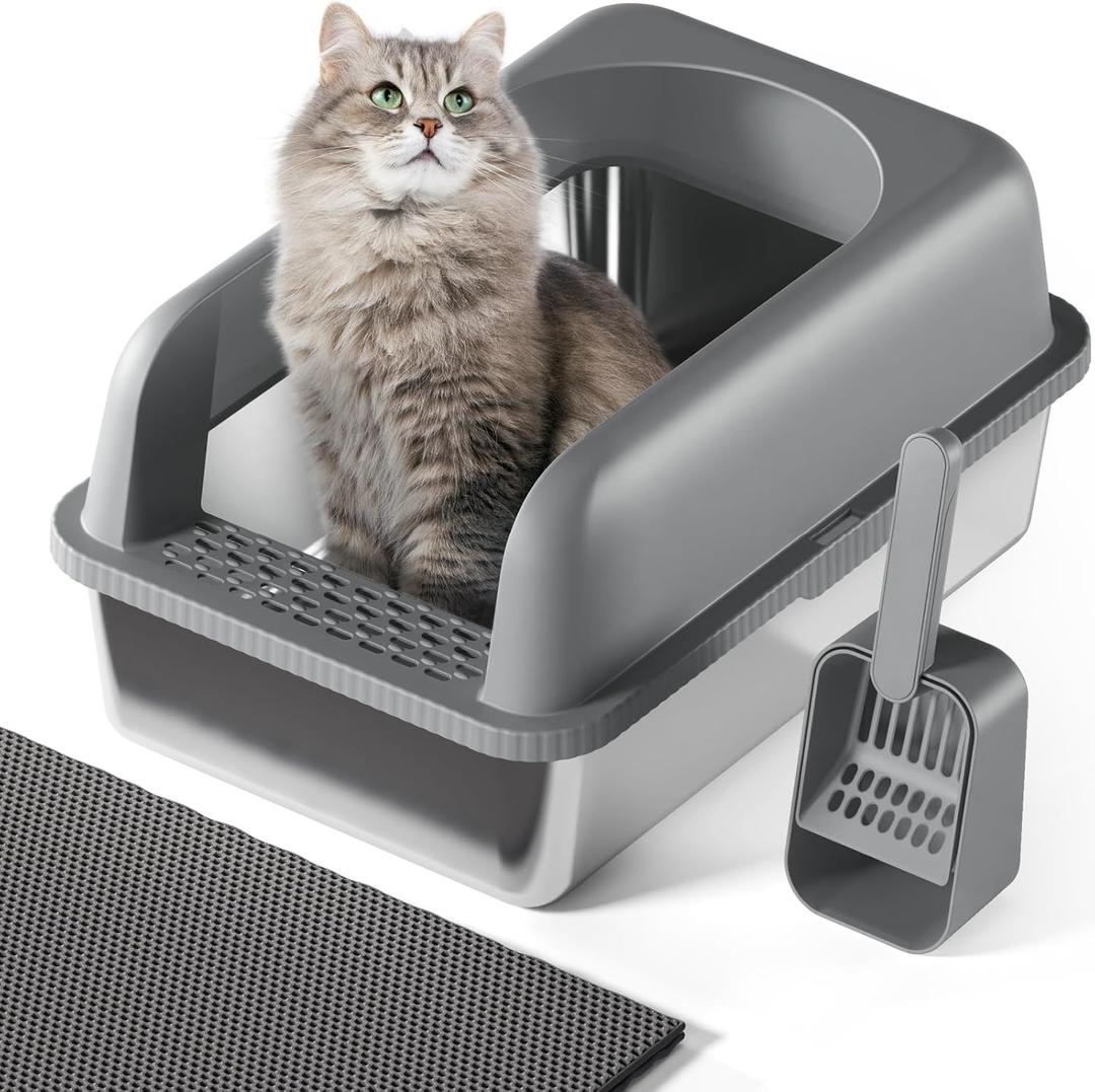 Stainless Steel Cat Litter Box with Lid, 24" L x 16" W x 11.8" H, Large Cat Litter Box for Multiple Cats with High Sided, No-Leak & Stick, Easy to Clean, Includes Litter Mat & Multi Functional Scoop (Dark Gray)