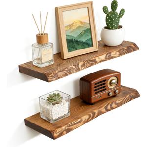 24 Inch Live Edge Floating Shelves for Wall Set of 2, Solid Finnish Spruce Natural Wood Floating Shelves, Thick Rustic Edge Shelves for Bathroom, Kitchen, Living Room Decor, Brown Finish, Live Edge, 24"L, 2Packs