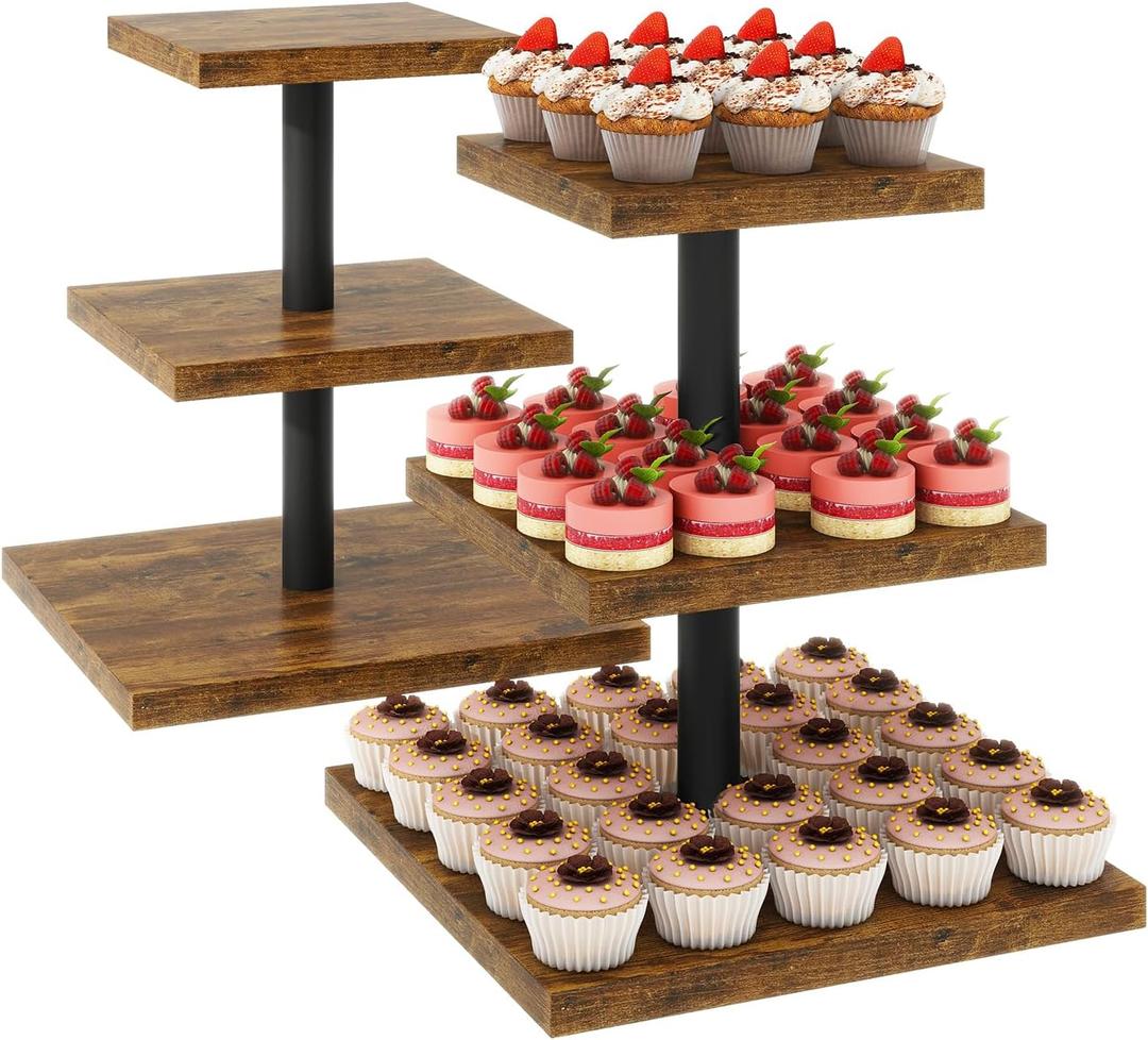 IBUYKE 3 Tier Cupcake Stand,Set of 2,Cupcake Tower,Square Serving Dessert Display Stand,Cupcake Tray Stand,Dessert Tree Tower for Christmas Birthday,Home Party, Wedding,Rustic Brown UTLJ014H-2