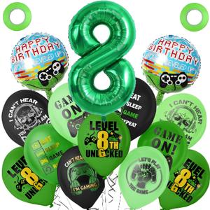4 x Green 8th Video Game Birthday Party Decoration Balloons Game on Party Supplies Set Include Happy Birthday Banner Foil Balloon Latex Balloon Ideal for Kids Boys Party Room Activities Decor