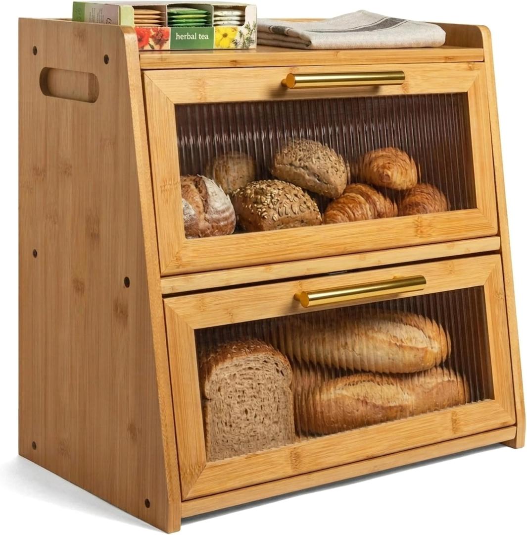 Gennua Kitchen Extra Large Bamboo Bread Box for Kitchen Countertop, Wooden Double Layer Breadbox Provides Double the Storage, Holds Multiple Loaves, Durable & Beautiful with Frosted Acrylic Panels