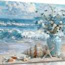 Framed Blue Ocean Beach Canvas Wall Art Modern Coastal Painting Picture Wall Decor Flowers Vase Starfish Conch Poster Print Artwork for Living Room Bedroom Bathroom Home Decoration 16x24in