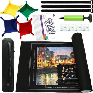 Portable Puzzle Mat Roll Up - with 9 Glue Sheets, Sorting Trays, Hand Pump, Inflatable Tube, and Storage Bag - Perfect for Kids and Adults (Black, 1500pcs)