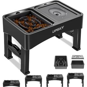 UPSKY 2-in-1 Elevated Bowls Slow Feeder, 4 Height Adjustable Raised Stand No Spill Water Dispenser, Anti-Slip Food and Water Bowl for Small Medium Dogs, Black