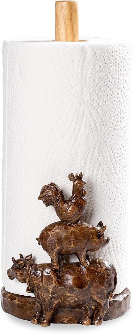 Farm Animals (Cow, Pig and Rooster) Countertop Paper Towel Holder Stand with Decoration, Hand-Carved Wood Style for Kitchen Bathroom,Weighted Base for One-Handed Operation,Vintage Brown
