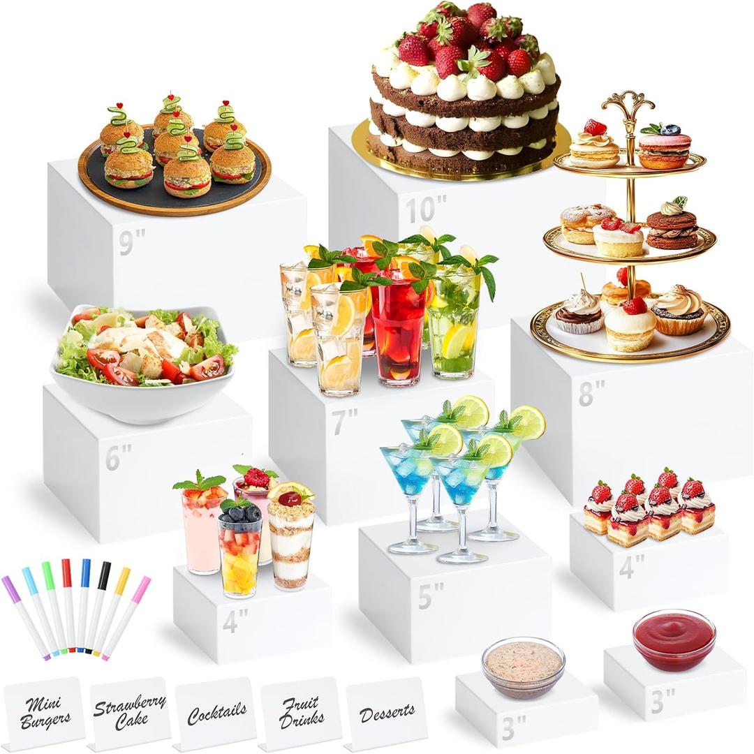 10 Pcs White Acrylic Buffet Risers with Mini Sign and Marker, Food Display Stands for Buffet Table Party Catering Dessert Jewelry Collectibles, Acrylic Cube Nesting Boxes with Hollow Bottoms 8 Sizes (10" 9" 8" 7" 6" 5" 4" 4" 3" 3")