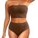 Tempt Me Women Bandeau Bikini Set Strapless High Waisted Two Piece Swimsuit Longline Bathing Suits (X-Large, Brown)