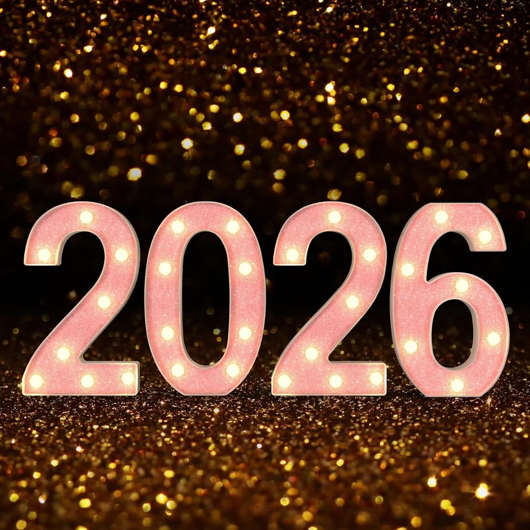 Marquee Numbers 2026 Light up Numbers Battery Powered LED Light for 2026 New Years Decorations Pink Glitter Plastic Number Docor for New Years Eve Graduation Christmas Birthday Party Supplies