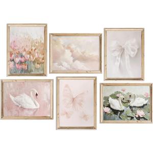 6Pcs Coquette Wall Art Pastel Pink Trendy Canvas Bow Posters White Swan Preppy Painting Butterfly Pictures Aesthetic Floral Prints Nursery Wall Decor for Teen Girls Bedroom College Dorm Unframed, 8x10 In