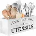 Suli Extra Large Kitchen Utensils Holder with 4 Compartments, Wooden Utensil Organizer for Countertop, Farmhouse Kitchen Decor, Rustic Cooking Utensil - White