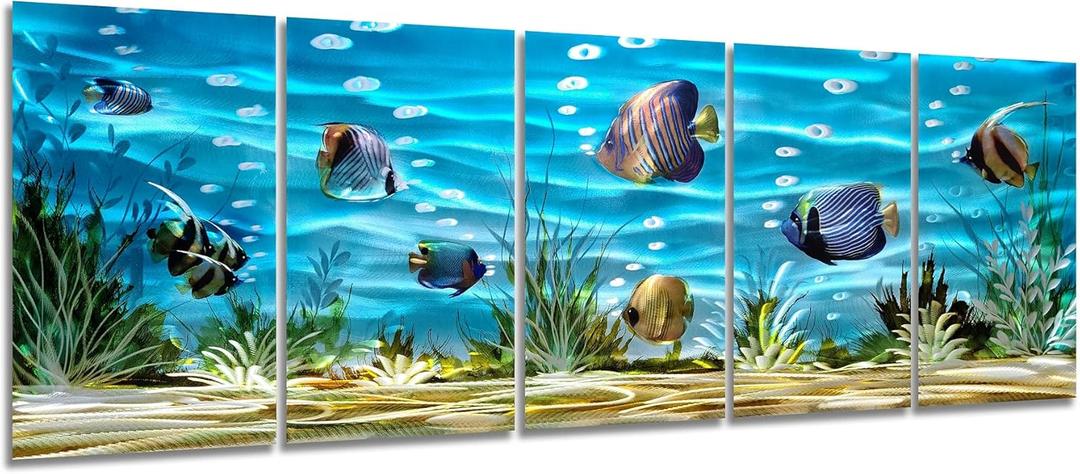 SYGALLERIER School Of Fish Metal Wall Art Handcrafted 3D Coastal Aluminum Artwork Modern Abstract Sea Styles Wall Accent in Blue Green Silver Color for Living Room Bedroom Bathroom Decor (24x64IN)