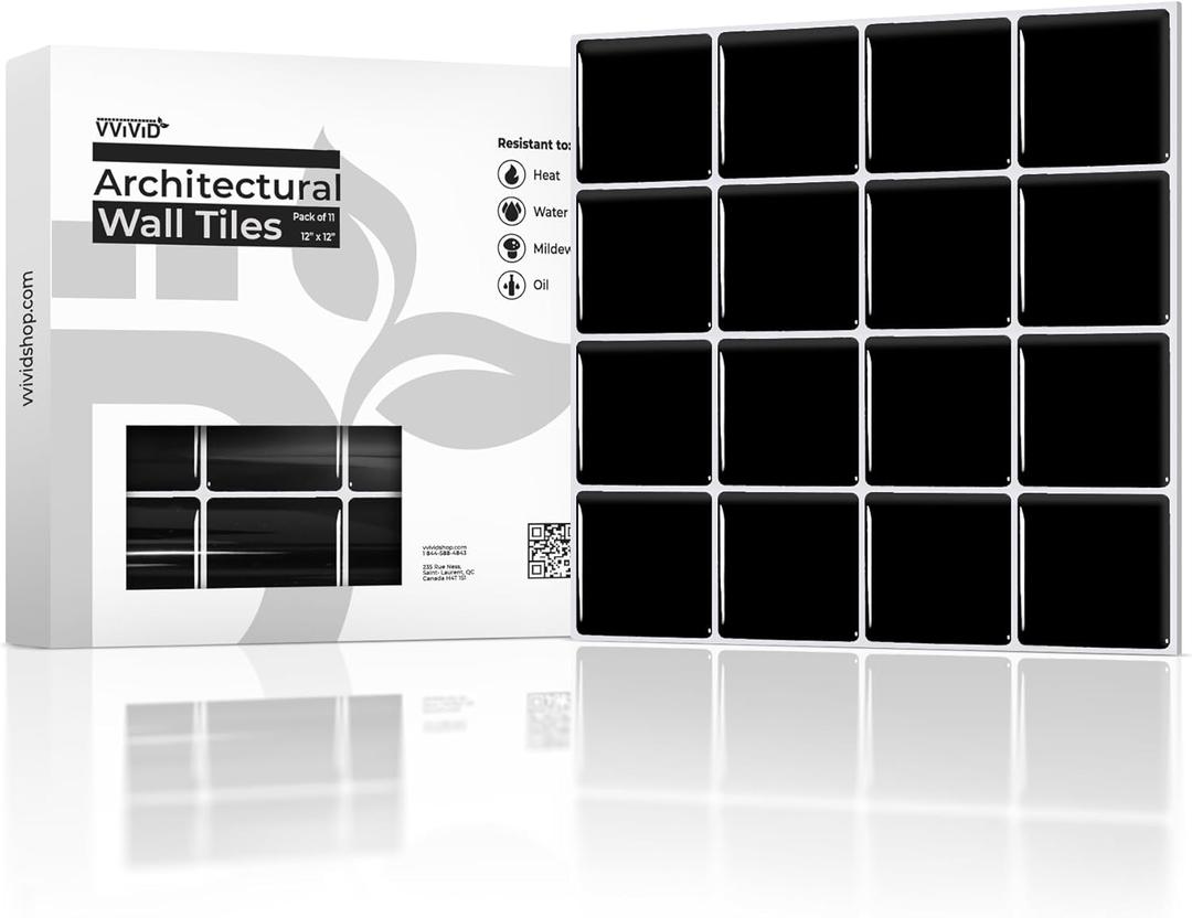 VViViD 11 Sheets Peel and Stick Black Gloss Faux Ceramic Square Wall Tiles, Self Adhesive Backsplash 12”x12”, 2mm Thick Kitchen, Bathroom (11 sq. ft.)