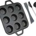 13Inch Cake Cast-iron Pan with1x10 inch dual-purpose oil brush, 1x10 inch semi-circular clip- 9 Cavity Circular Bakeware - Durable, Nonstick Cast Iron Cookware  Black (Two-piece set)